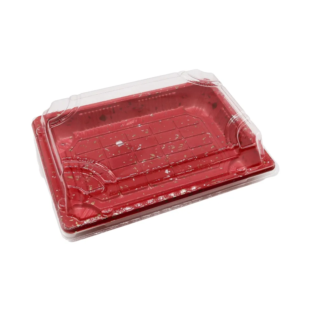 卸売高級レッドシャイニープリントカスタムロゴ使い捨て持ち帰り用食品容器中型プラスチック寿司トレイ