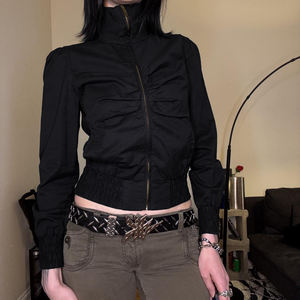 Chaqueta tejida con cuello alto y cremallera plisada de color liso para mujer, estilo Y2K, informal, versátil y a la moda. - Product Image 1