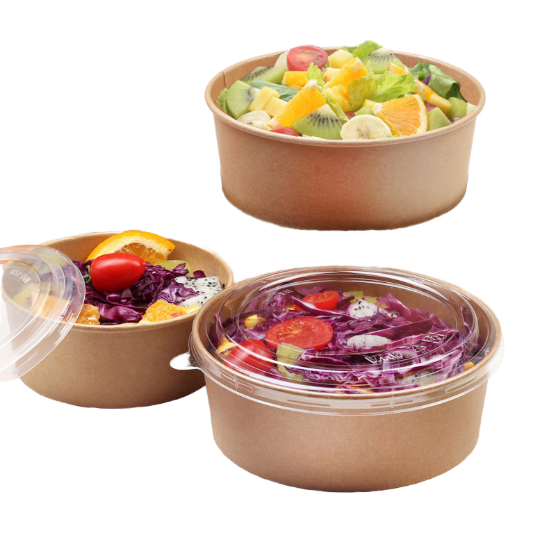 Home-Compostable Kraft Paper Salad Bowl 500ml 750ml 1000ml 1100ml 1300ml Single Wall Food Container for Noodles