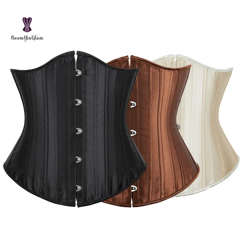 Lace Up Waist Training Corset 26 rods Women Satin Cupless Bustier Frim Tummy Control black corset