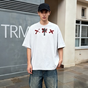 T-shirt à manches courtes en coton lourd avec logo graphique TKAN642D pour homme, style décontracté surdimensionné, impression sérigraphique, tricot gaufré - Product Image 1