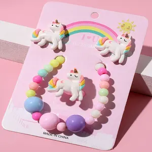 Child Unicorn Earrings Ring bracelet 3Pcs/Set acrylic hand beaded bracelet