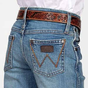 Wangsheng Boys' Vintage Slim Fit Mid Waist Medium Wash Straight-leg Denim <strong>Jean</strong> Spandex/Cotton Embossed Other Technics Model - Product Image 5