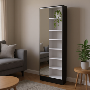 Charlotte XL <b>Shoe</b> Rack Black White 5 Shelves <b>Mirror</b> Door Freestanding Living Room Furniture - Product Image 2