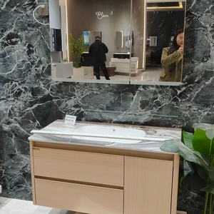 Meuble de salle de bain de style jaune, armoire à miroir en forme de ruche, lavabo blanc, meuble sous-évier à double tiroir - Product Image 2