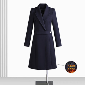 Women's Professional Woolen <b>Overcoat</b> Mid Length Thickened With Cotton Autumn Winter Work Uniform Navy Blue Coat - Product Image 1