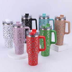 Gobelet isotherme en acier inoxydable de 40 oz avec poignée et paille, logo personnalisable, motif léopard, tasse de voyage pour voiture, 12 couleurs - Product Image 4