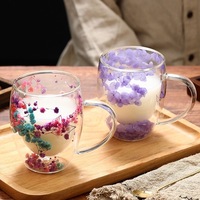 Tasse en verre à fleurs séchées à double couche de 350ml, tasse à thé au lait transparente résistante à la chaleur, tasse à café domestique