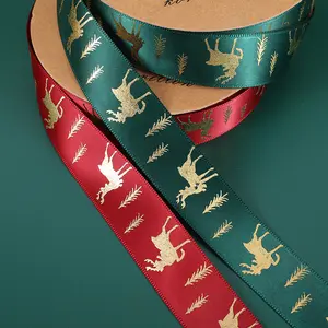 New Foil Gold Printed Xmas Tree Deer babbo natale Snowman Grosgrain Christmas Ribbon per l'imballaggio