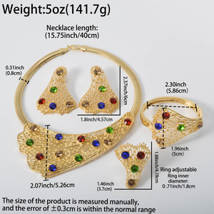 Ensemble de bijoux fantaisie plaqué or 18 carats en cuivre avec zircon, collier, bracelet, bague et boucles d'oreilles - Product Image 6