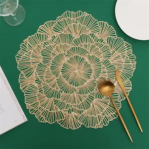 Kitchen Dining Table 15 Inch Gold Round Wedding Luxury PVC Placemats Hollow Out Flower Heat Resistant Vinyl Table Mats