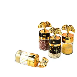 Stoples Bumbu Stainless Steel Berputar Marmer Emas Berdiri Pemegang Bumbu Garam Merica Carousel Bumbu Jar Jack Set