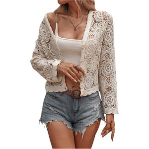 Women's Crochet <b>Cardigan</b> <b>Sweater</b> V Neck Long Sleeve Knit Crop Top Bohemian Summer Sheer Layer - Product Image 1