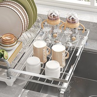 Égouttoir à vaisselle pliable en acier inoxydable grande capacité avec support à ustensiles, extensible, pour comptoir de cuisine