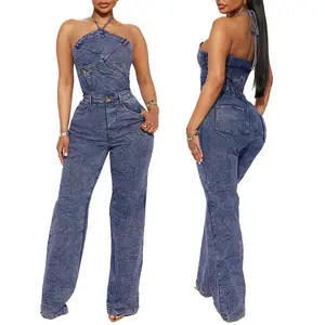 Hoge Kwaliteit Custom Vintage Mode Vrouwen Paarse Veters Halter Denim Wijde Pijpen Jumpsuit Slim Fit Sexy Party Denim Jumpsuit