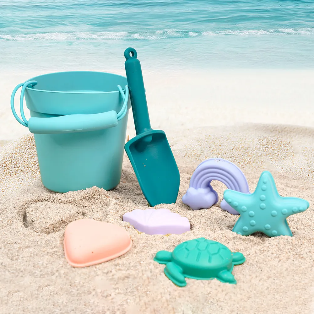 Conjunto de brinquedos de praia, atacado de fábrica, silicone para crianças, pá, praia, conjunto com 8 peças, moldes de areia, castelo, brinquedos de praia, silicone