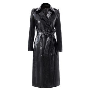 <b>Women</b> Genuine Leather Trench <b>Coat</b> Long Double Breasted With <b>Belt</b> Notched Collar Elegant Autumn Solid Color - Product Image 1