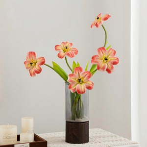 Tulipanes Artificiales Meng Jie, Flores de Poliéster Rojo Anaranjado, Arreglo Decorativo de Escritorio - Product Image 1