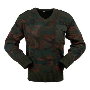 Jersey y suéter de lana/acrílico con cuello en V, tejido de camuflaje
