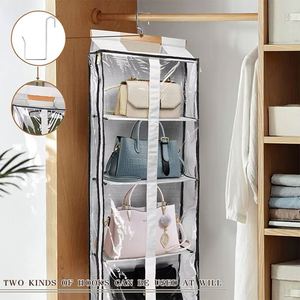 Heavy-Duty 4 <b>Large</b> Clear PVC Pockets Handbag Hanging Organizer, Wooden Hanger Oxford Cloth for Closet & Bedroom Storage Bag - Product Image 4