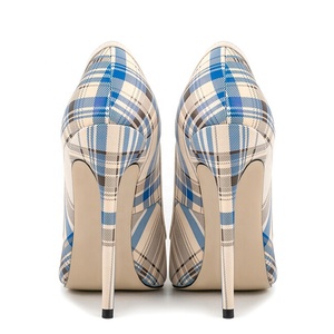 Big Size 47 Wide Fit Women Blue Plaid Stiletto Bow High Slim Heels Ladies Pointed Toe Pumps Dress <b>Shoes</b> - Product Image 6