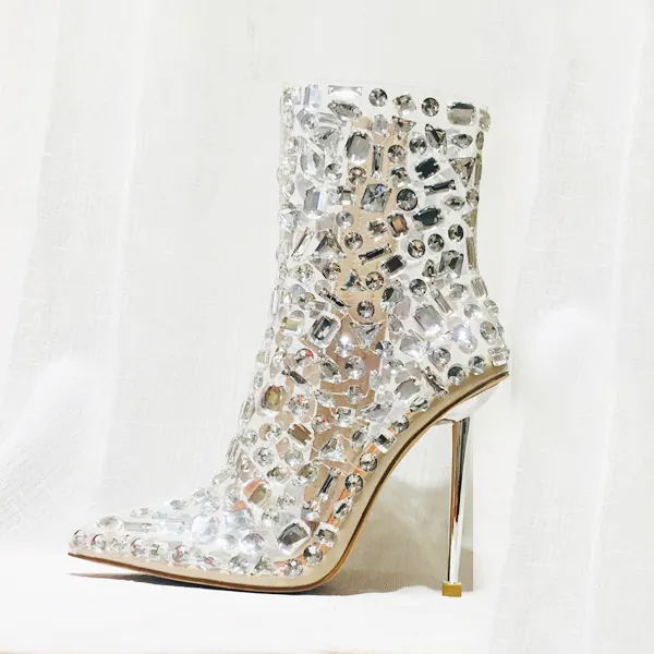 Hoslasen high quality handmade clear PVC summer transparent boots with 500 diamonds women boots rhinestones ankle boots