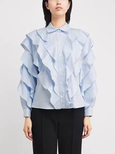 Chemise élégante pour femme, formelle, de bureau, printemps, plissée, à volants, patchwork, col rabattu, couleur unie, design élégant, chemisier ODM - Product Image 3