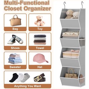 Hanging Closet Organizer 4 <b>Shelf</b> Foldable Fabric Storage For Bedroom Clothes With Mesh Pockets <b>Hook</b> Type 33x15x85cm - Product Image 6