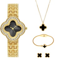 Set Jam Tangan Mewah Terbaru Jam Tangan Quartz untuk Wanita Dial Bentuk Bunga 4 PCS Gelang Kalung Anting Set Jam Tangan Wanita
