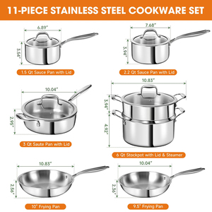 Ensemble de casseroles en acier inoxydable de haute qualité à 3 couches avec couvercles en verre, adaptées aux cuisinières à gaz et à induction, en acier inoxydable triple couche - Product Image 2
