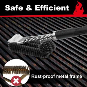 Brosse de nettoyage de barbecue à trois têtes en acier inoxydable robuste avec poignée antidérapante pour charbon de bois et nettoyage extérieur – Vente en gros usine - Product Image 4