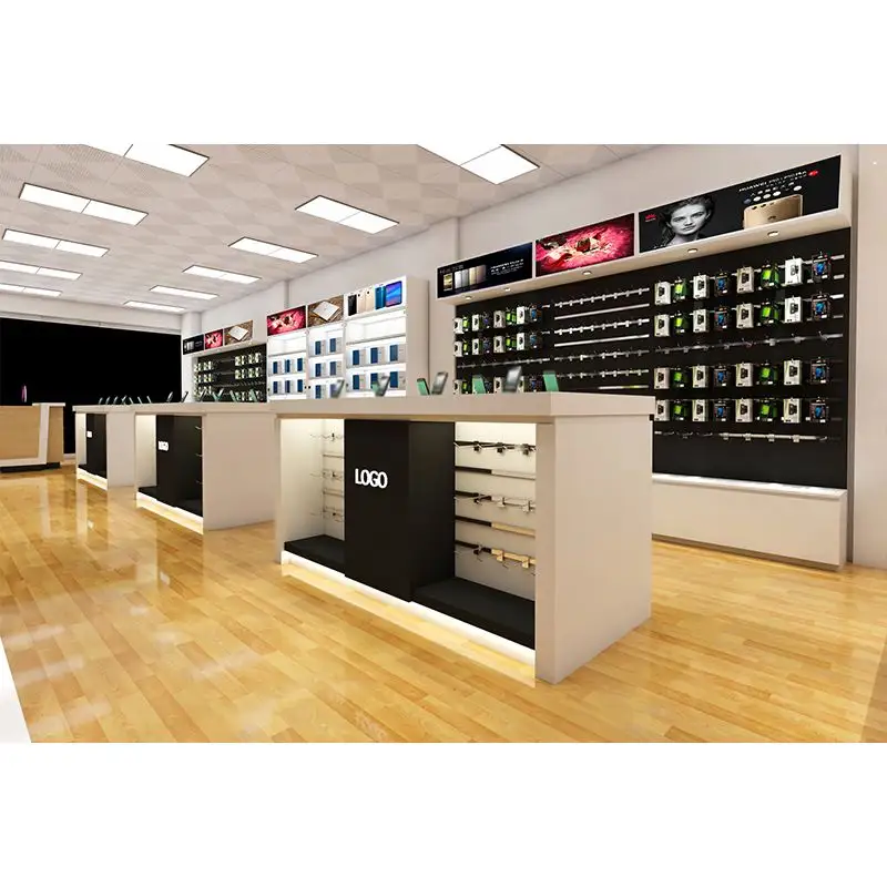 सैमसंग मोबाइल की दुकान फर्नीचर इलेक्ट्रॉनिक उत्पादों का प्रदर्शन टिकाऊ MDF लकड़ी फोन काउंटर