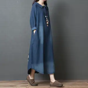 China Cloth Factory Ladies Turn-Down Collar Dresses Women Long Sleeve Plus Size Maxi Denim Dress