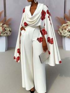 I-0571 Ensemble deux pièces mode pour femme avec col montant, pantalon large à boutons, tenue simple, costumes pour femme à manches longues printemps automne - Product Image 2