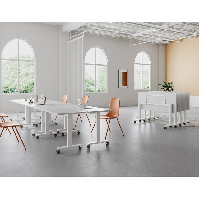 OMNI Modern Versatile Flip-Top Meeting Table-Adjustable Height Foldable Stainless Steel & Wood Training Table for Commercial Use