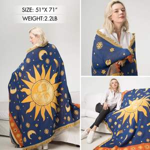 Boho-Style 71\" X 51\" Double-Sided <strong>Celestial</strong> Tapestry Throw Blanket Embroidered Yellow/Blue Tassels for Western Decor Sofa Bed - Product Image 4