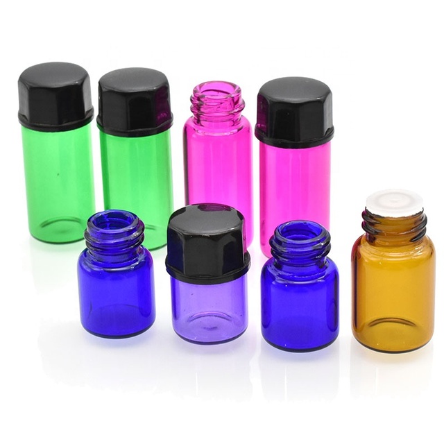 Customized 1ml Glass Essential Oil Bottles With Secure Cap 1ml 1/4 Dram Mini Blue Clear Amber Glass Vial With Orifice Reducer