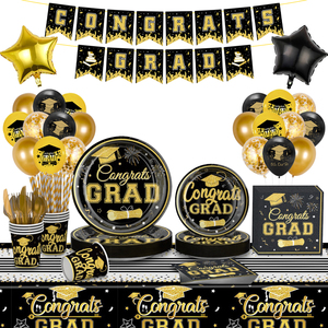 Assiettes et serviettes jetables écologiques noires et dorées à motif dessin animé pour la remise des diplômes 2027 – Assiettes à dessert et fournitures de fête - Product Image 1