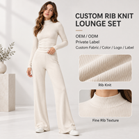 Ensemble décontracté personnalisé pour femme, en maille côtelée, col montant, manches longues, pantalon large à taille élastique, ensemble deux pièces minimaliste