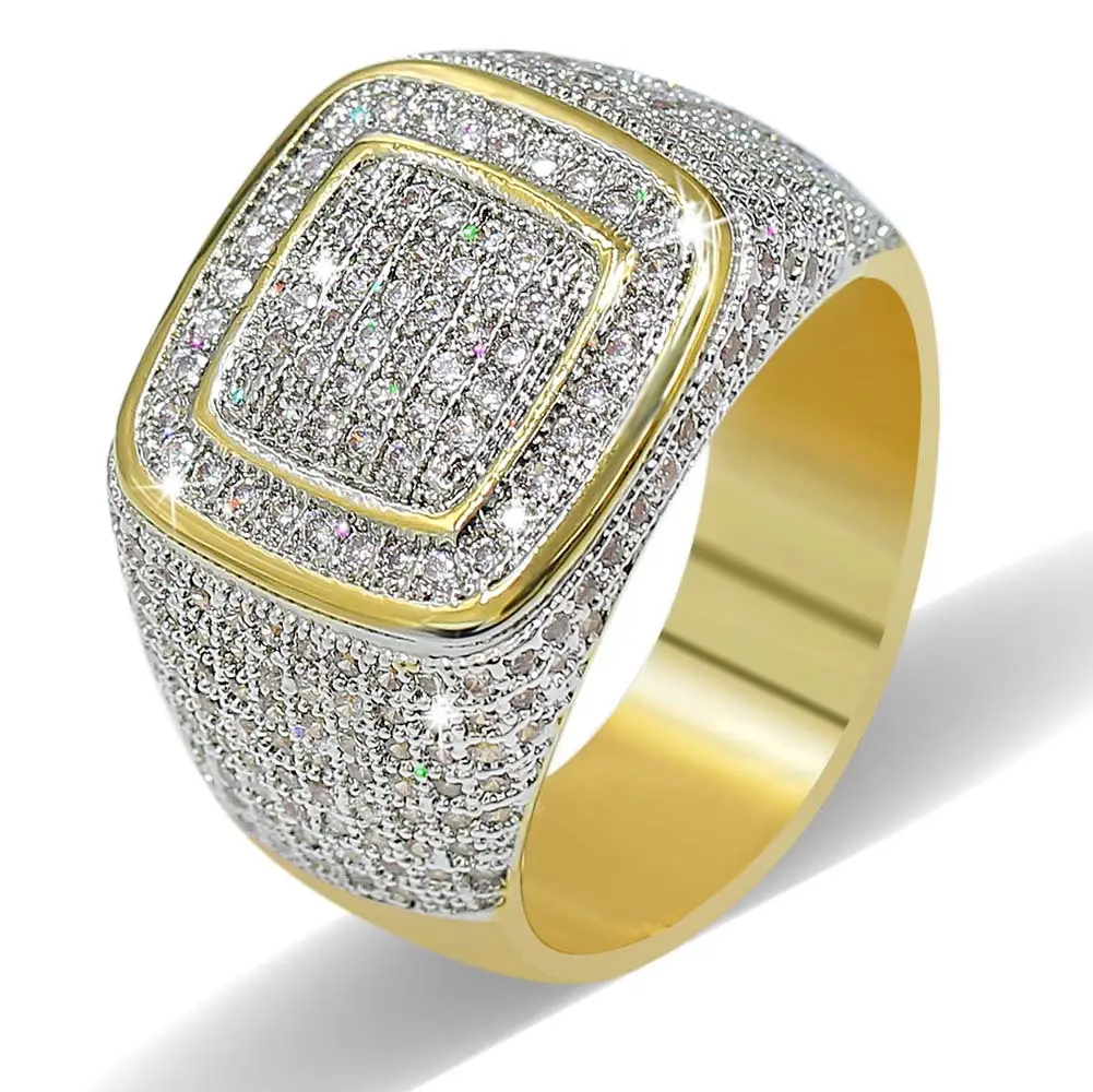 Ronde Vierkante Vorm Aaa + Cubic Zircon Ring Koper Materiaal Goud Zilver Plated Iced Out Volledige Cz Hip Hop Ringen mannen Mode-sieraden