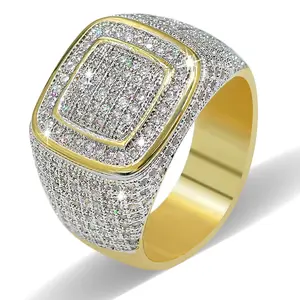 Nhẫn Hình Vuông AAA + Cubic Zircon Cho Nam, Trang Sức Thời Trang Mạ Vàng Bạc Đính Đá Toàn Bộ Nhẫn Hip Hop CZ