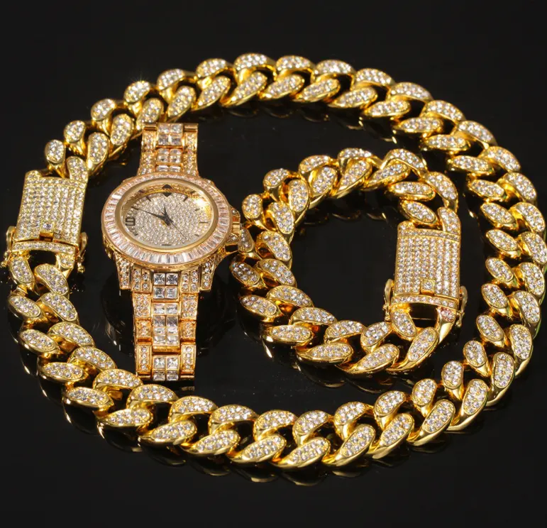 Bincho модные блестящие Кварцевые часы в стиле хип-хоп с бриллиантами из циркония горного хрусталя хип-хоп кубинский браслет ожерелье часы набор ювелирных изделий для мужчин