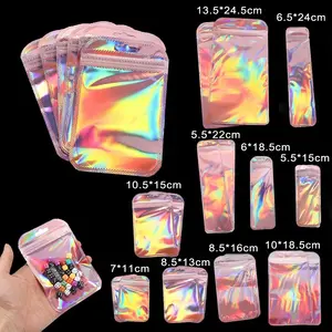 High Quality Pink Rainbow Iridescent Reusable Zip Lock Plastic Laser Holographic Makeup Bag Hologram Zipper Bag