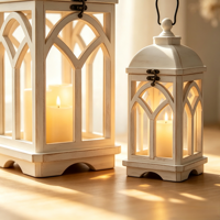 Ensemble de lanternes décoratives en métal blanc rustique et en verre pour la décoration de table de mariage ou de maison de style farmhouse