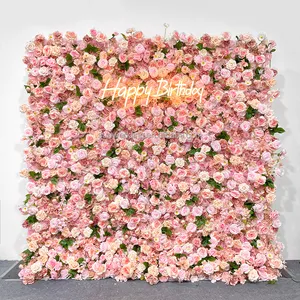 सनवेडिंग कस्टम कृत्रिम फूलों की दीवार गुलाबी रोल अप कपड़े की फूलों की दीवार शादी की सजावट पैनल पृष्ठभूमि