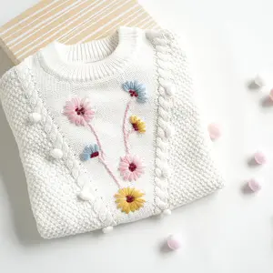 Wholesale Kids Baby Toddler Girl White Cotton Knitted Embroidery Flower Sweater