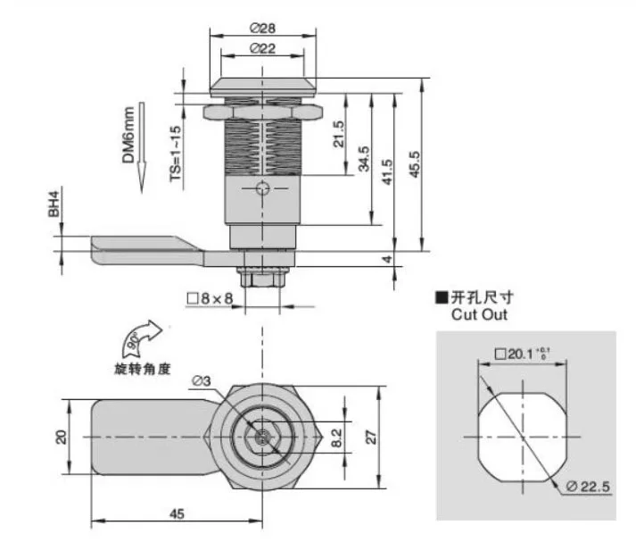 FS7025 MS7075s  Stainless steel cam lock inner hexagonal cabinet door cylinder lock