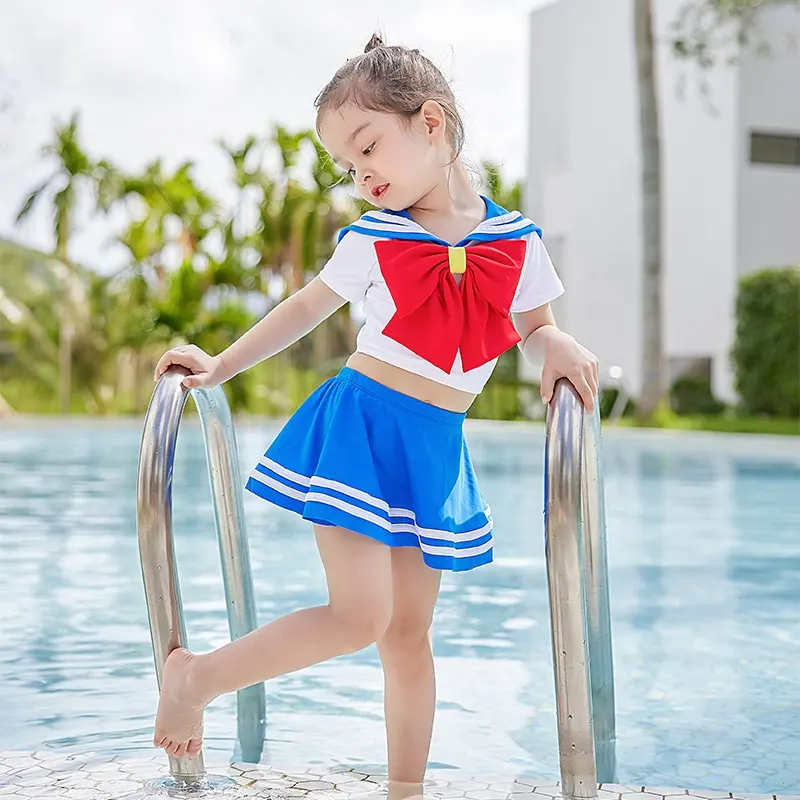 日本のセーラースーツユニフォームキッズ水着女の子デザイナー水着卸売1-6年2-102ピースツーピースOEMカスタム