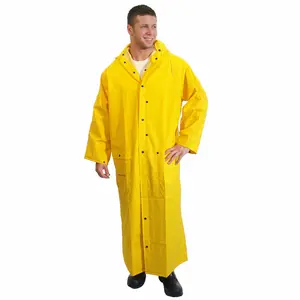 full length industrial safety yellow 0.35 mm pvc/polyester rain coat mens hooded PVC/Poly 2 Piece Raincoat