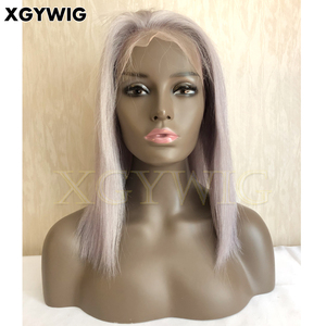 Stock 100% vierge Brésilienne cheveux réaliste délié naturel 12 pouces BOB <span class=keywords><strong>coupe</strong></span> Argent Couleur Droite sans colle dentelle avant perruque grise - Product Image 3